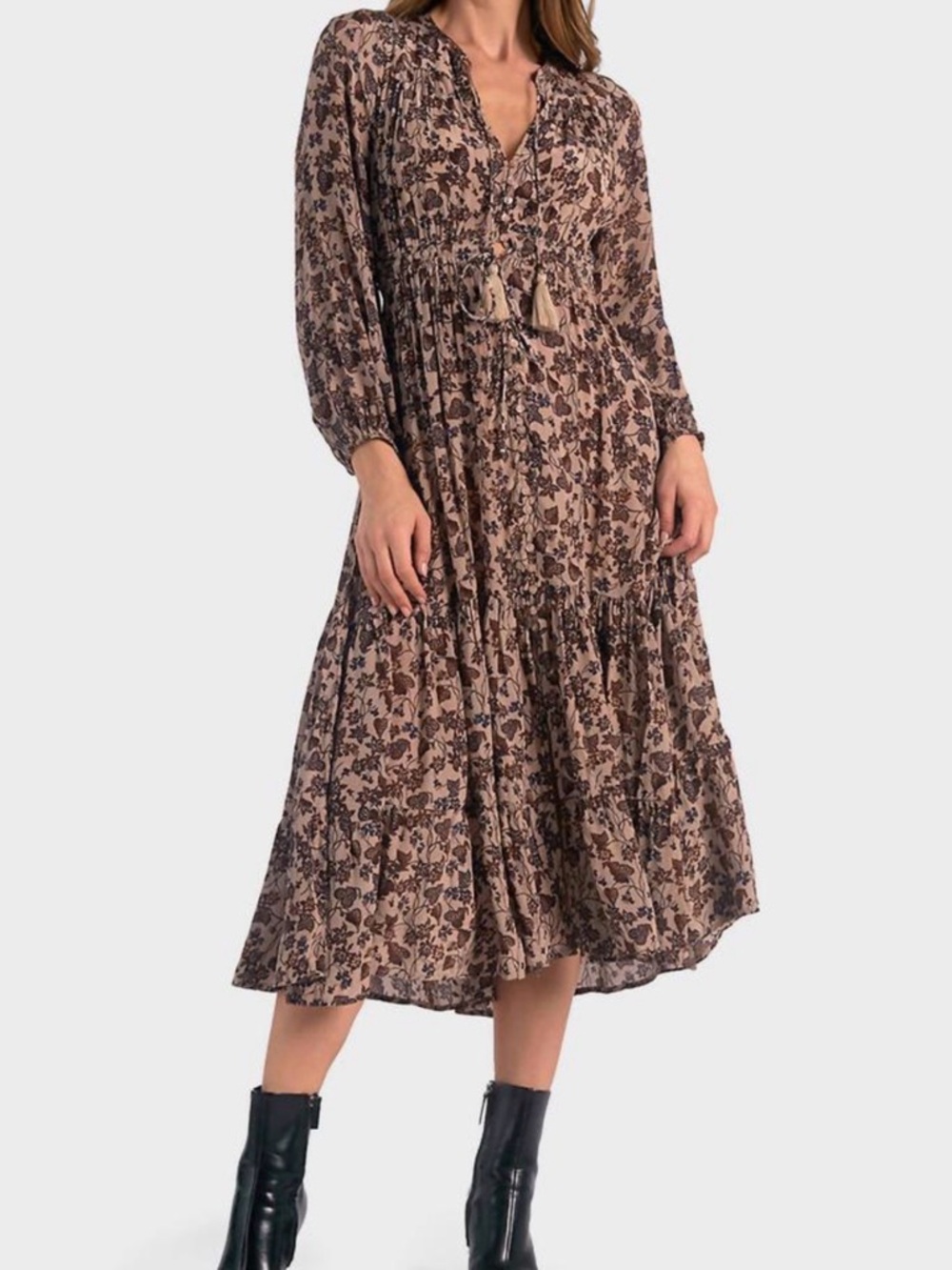 NWT - Elan Napa Tiered Midi Dress with Tassel Detail - Neutral Floral
